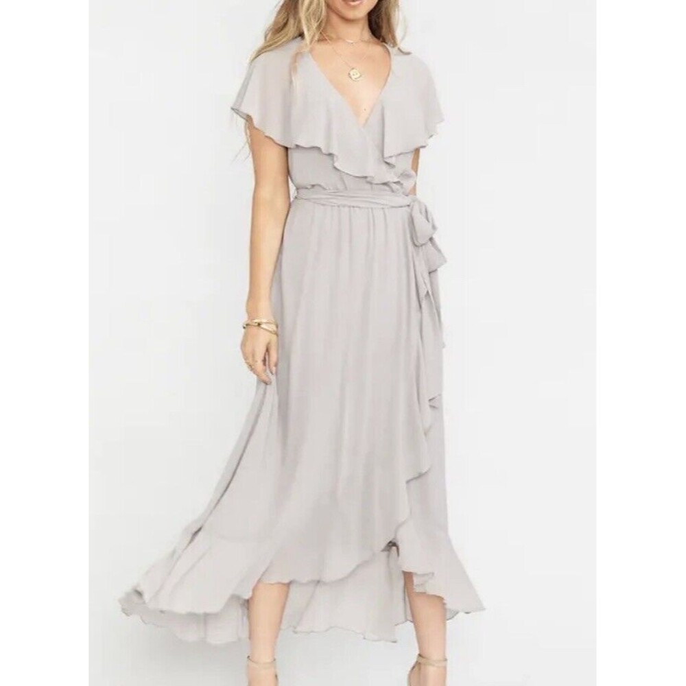 SHOW ME YOUR MUMU Jess Ruffle Midi‎ Dress Dove Grey Chiffon SIZE SMALL NWT